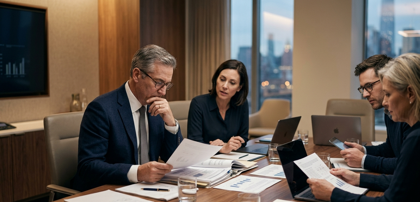HR professionals reviewing compliance documents in a boardroom