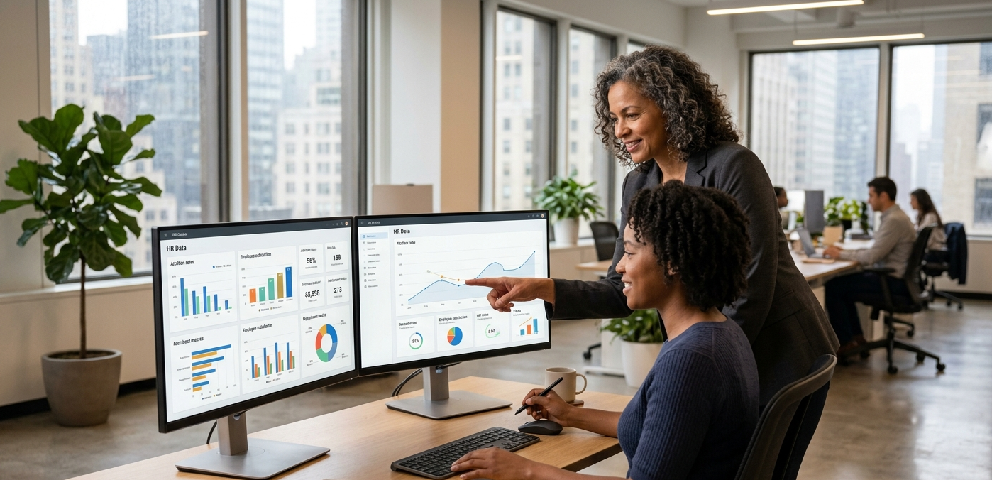 Professional reviewing HR data dashboards on dual monitors