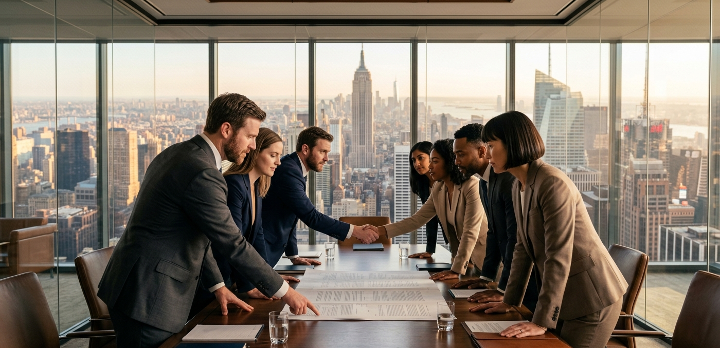 Executives negotiating a merger agreement in a boardroom