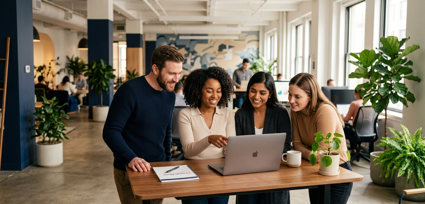 Startup team collaborating in a modern office